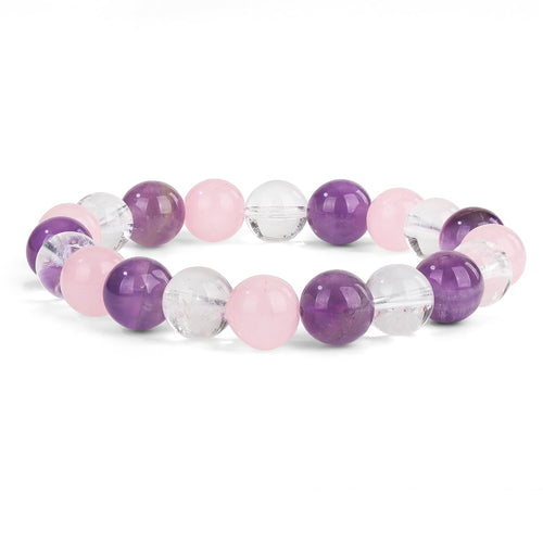 Healing Crystal Bracelet For Emotional Balance & Positive Energy- Rose Quartz, Amethyst & Clear Quartz Crystal Bracelet - 10mm Beaded Bracelets for Men & Women – Adjustable Size