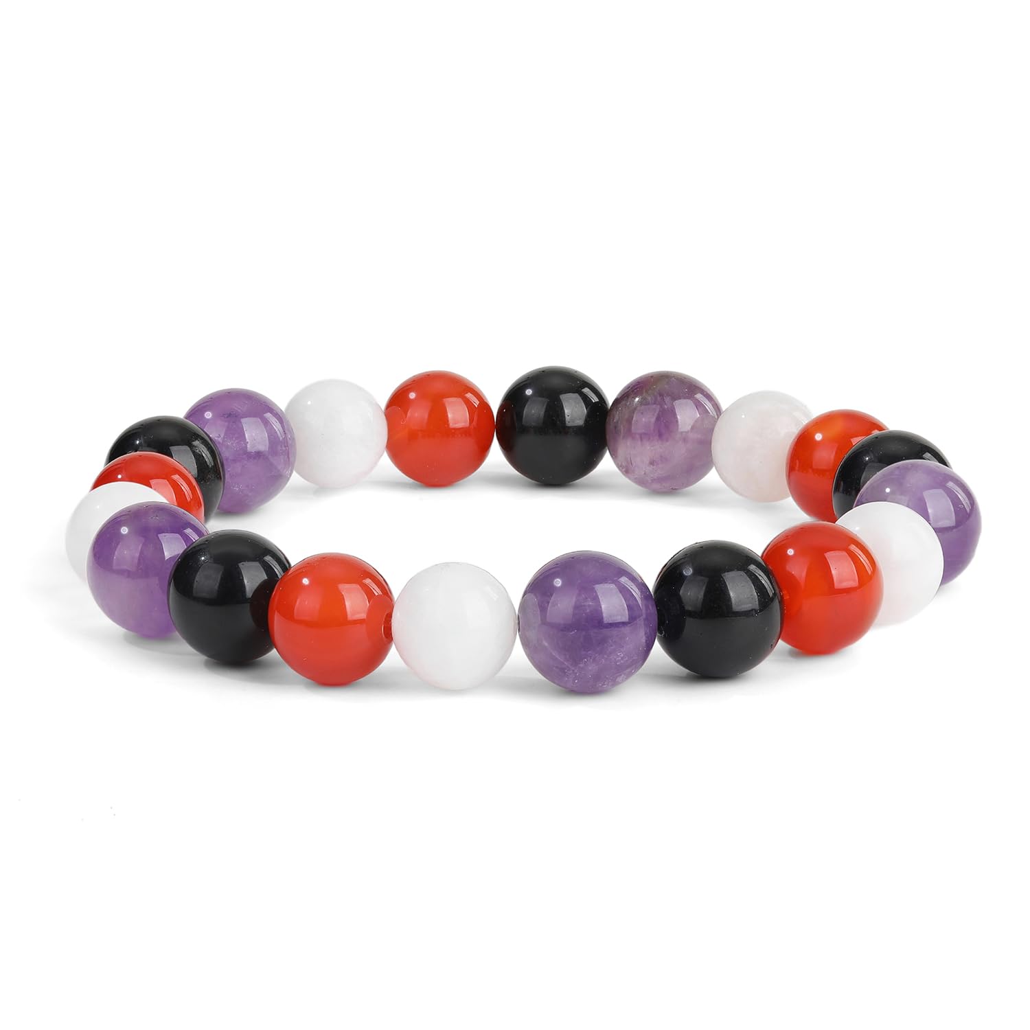 Protection & Energy Crystal Bracelet - 10mm Beaded Bracelets for Men Women With Stones of Amethyst, Black obsidian, Carnelian, Moonstone - Elastic Adjustable Size
