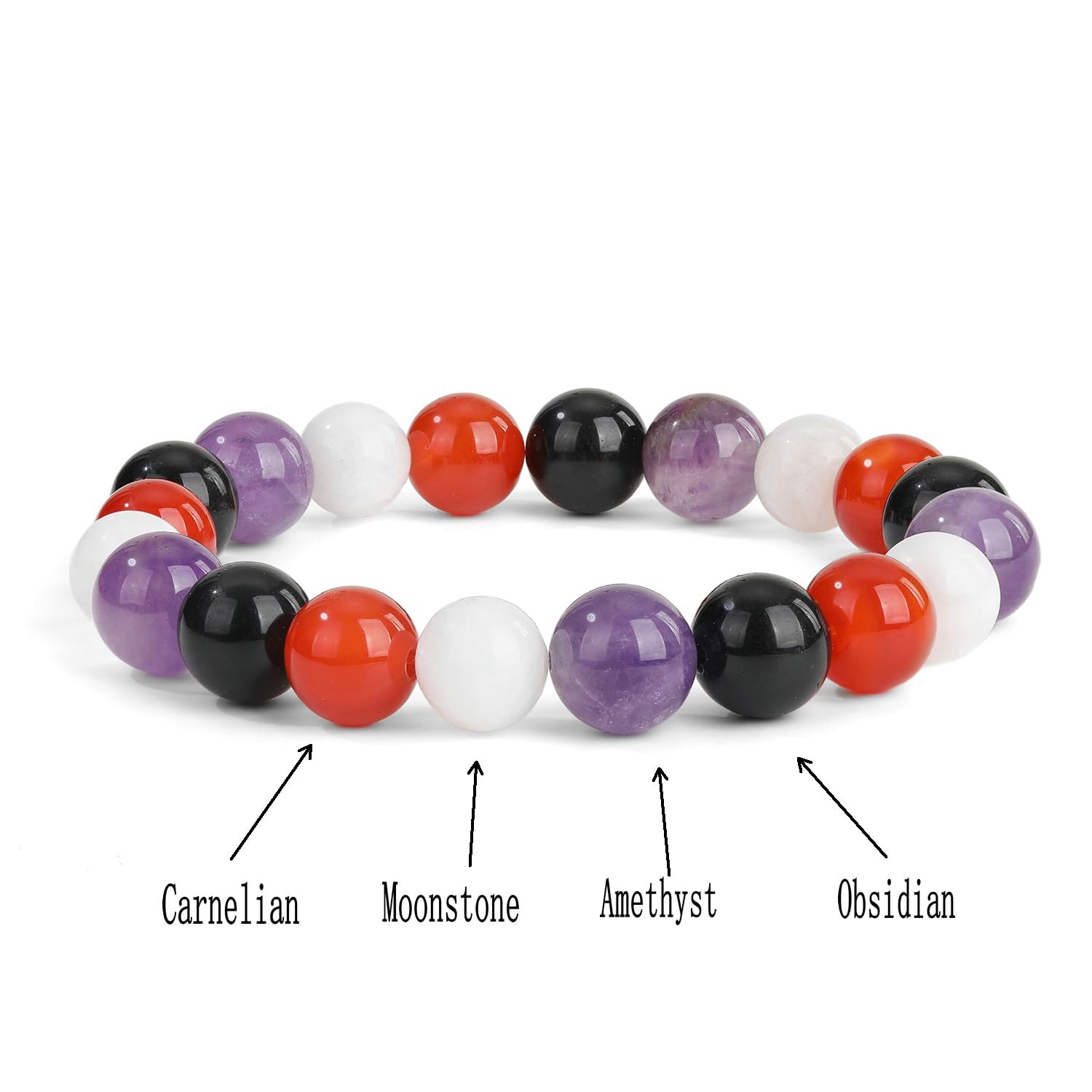 Protection & Energy Crystal Bracelet - 10mm Beaded Bracelets for Men Women With Stones of Amethyst, Black obsidian, Carnelian, Moonstone - Elastic Adjustable Size