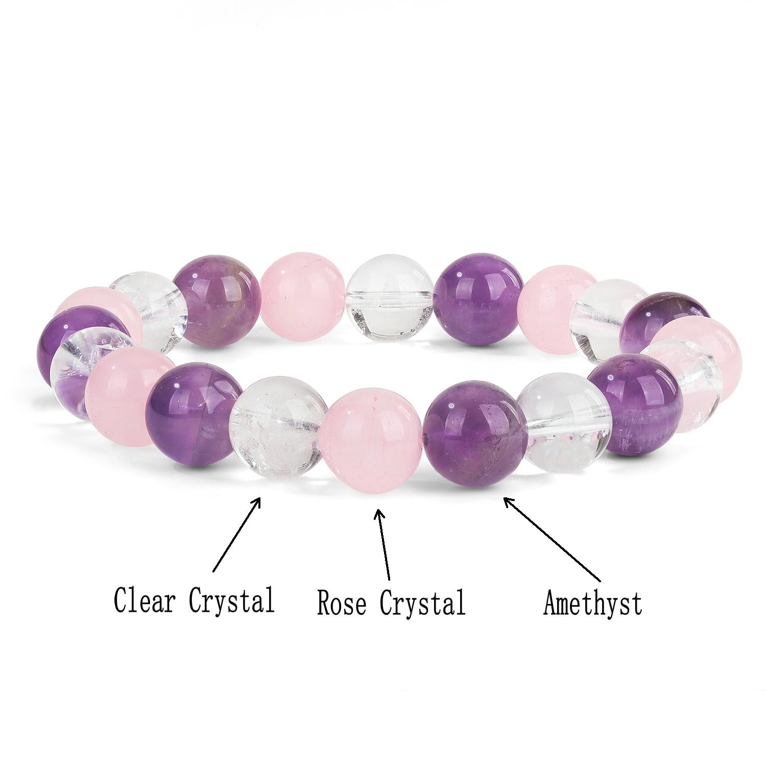 Healing Crystal Bracelet For Emotional Balance & Positive Energy- Rose Quartz, Amethyst & Clear Quartz Crystal Bracelet - 10mm Beaded Bracelets for Men & Women – Adjustable Size