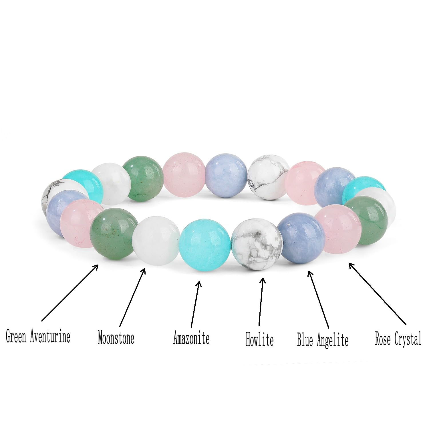 Peace & Calming Bracelet – Anxiety & Stress Relief Bracelet – Amazonite, Angelite, Rose Quartz, Green Aventurine, White Howlite & Moonstone - 10mm Beaded Bracelets – Adjustable Size