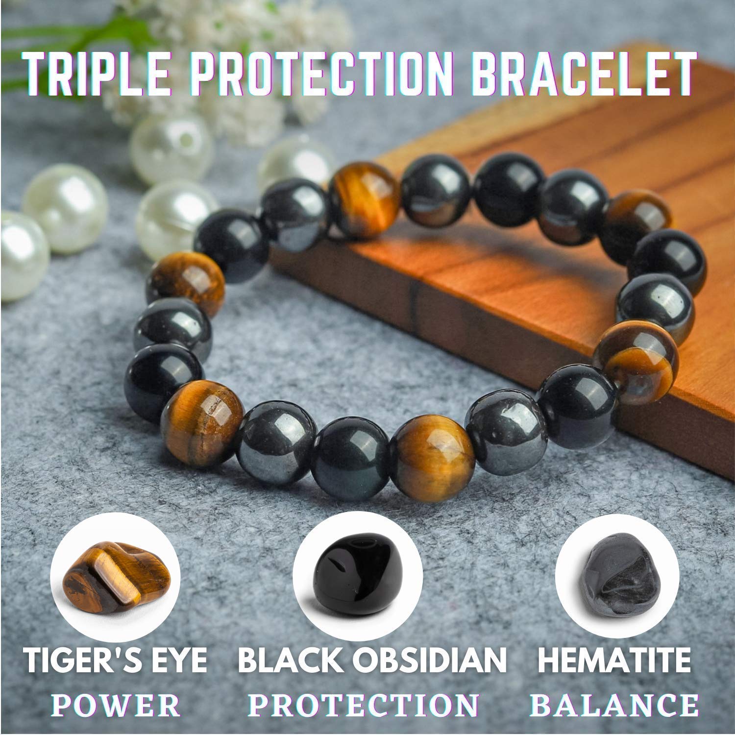 Triple Protection Bracelet - 10mm Bead Bracelet for women men With Natural Stones of Tiger Eye Hematite and Black Obsidian - Healing Crystal Bracelet for Good Luck Prosperity Happiness