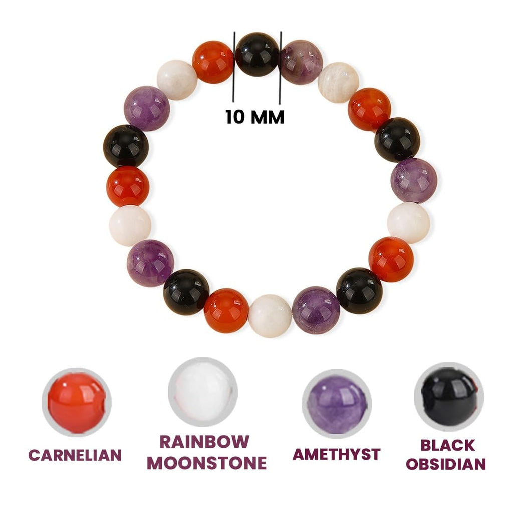 Protection & Energy Crystal Bracelet - 10mm Beaded Bracelets for Men Women With Stones of Amethyst, Black obsidian, Carnelian, Moonstone - Elastic Adjustable Size