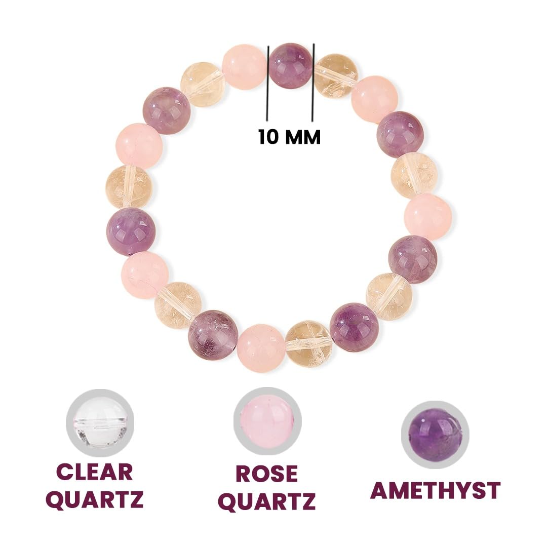 Healing Crystal Bracelet For Emotional Balance & Positive Energy- Rose Quartz, Amethyst & Clear Quartz Crystal Bracelet - 10mm Beaded Bracelets for Men & Women – Adjustable Size