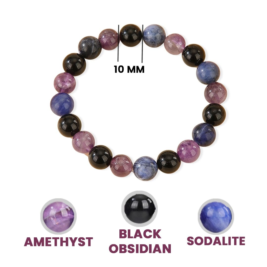 Empowerment Bracelet – Strength & Confidence Bracelet – Amethyst, Black Obsidian & Sodalite Crystal Bracelet - 10mm Beaded Bracelets For Men Women – Adjustable Size