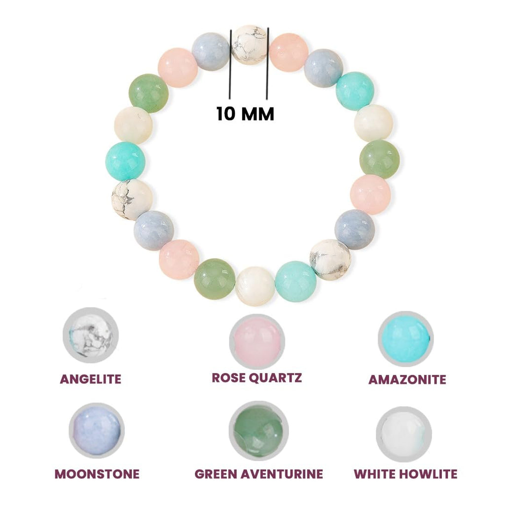 Peace & Calming Bracelet – Anxiety & Stress Relief Bracelet – Amazonite, Angelite, Rose Quartz, Green Aventurine, White Howlite & Moonstone - 10mm Beaded Bracelets – Adjustable Size