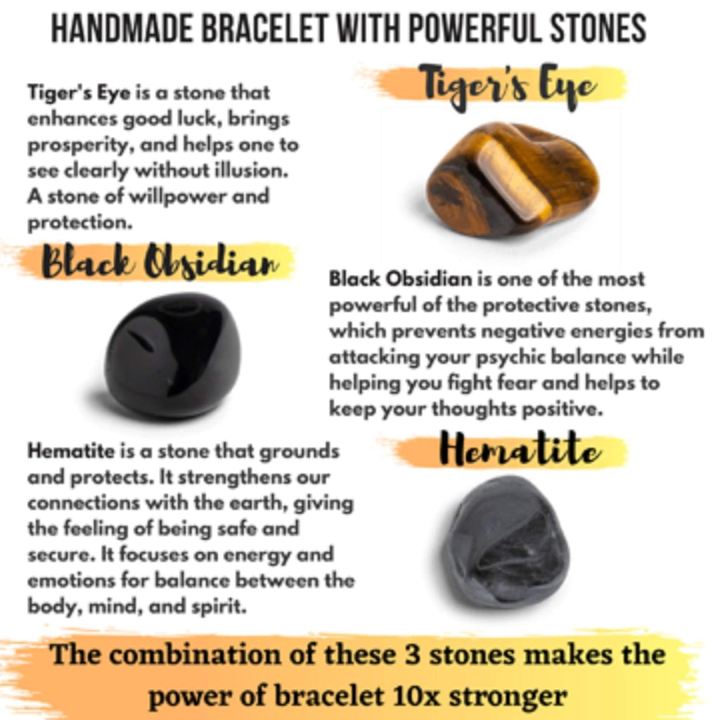 Triple Protection Bracelet - 10mm Bead Bracelet for women men With Natural Stones of Tiger Eye Hematite and Black Obsidian - Healing Crystal Bracelet for Good Luck Prosperity Happiness