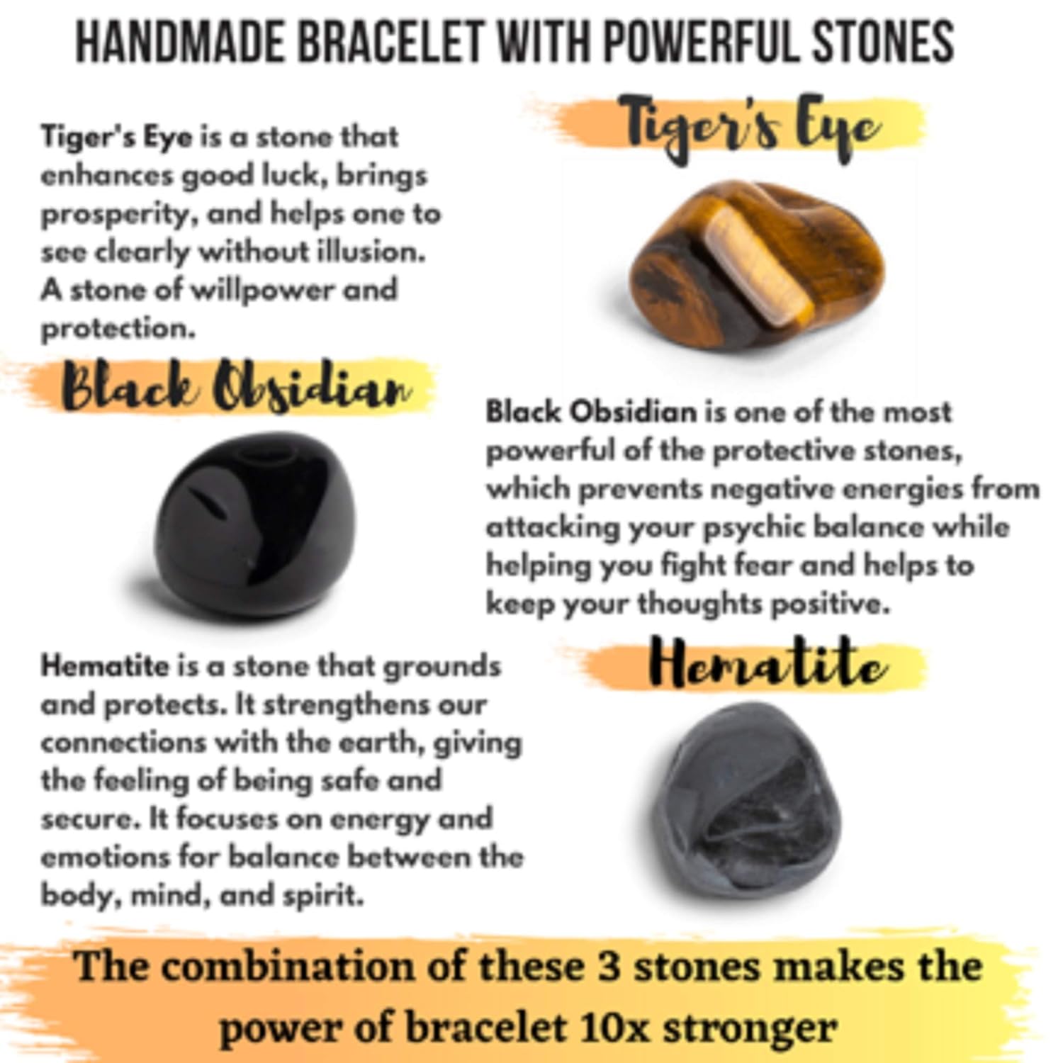 Triple Protection Bracelet - 10mm Bead Bracelet for women men With Natural Stones of Tiger Eye Hematite and Black Obsidian - Healing Crystal Bracelet for Good Luck Prosperity Happiness