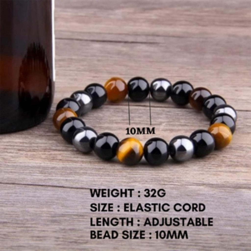 Triple Protection Bracelet - 10mm Bead Bracelet for women men With Natural Stones of Tiger Eye Hematite and Black Obsidian - Healing Crystal Bracelet for Good Luck Prosperity Happiness