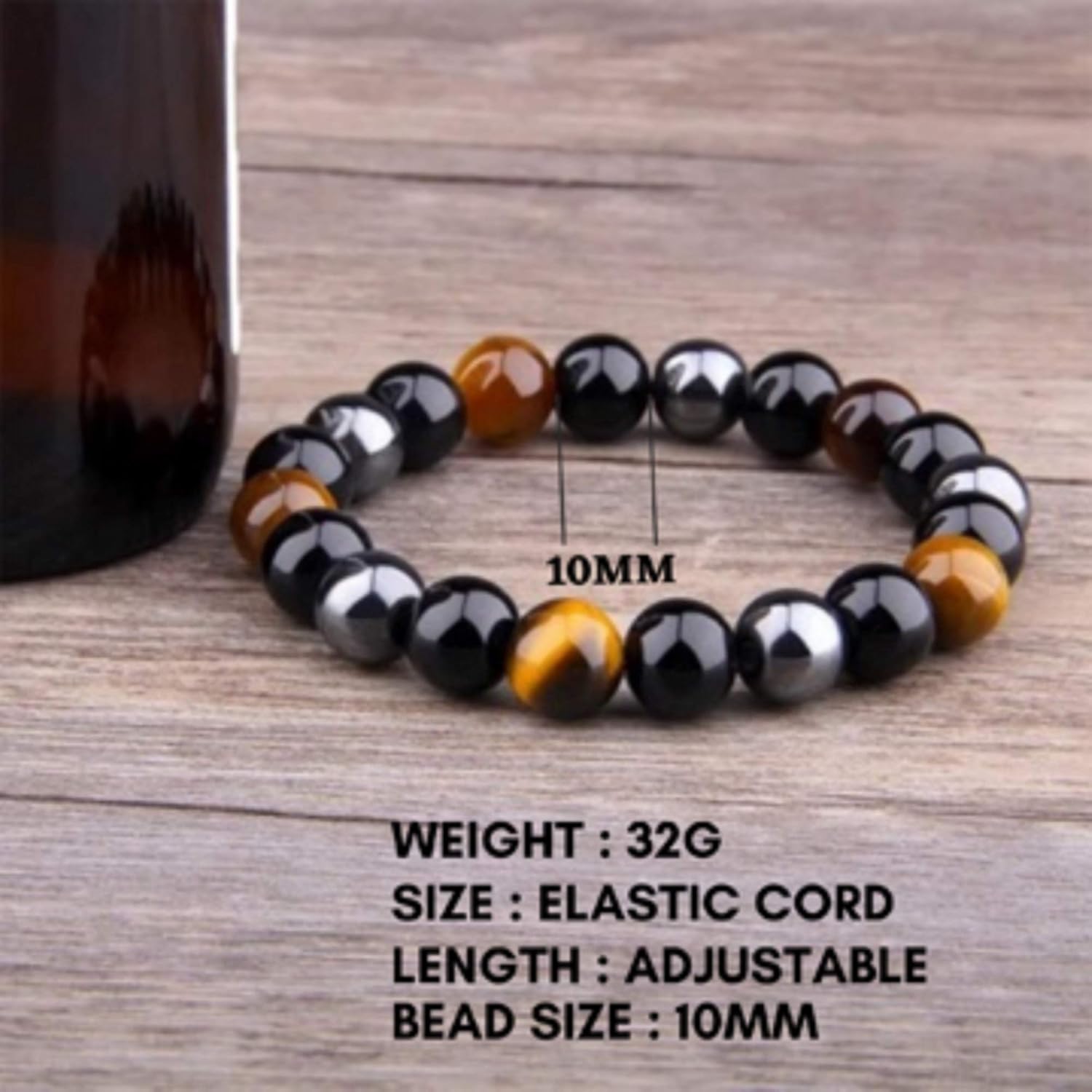 Triple Protection Bracelet - 10mm Bead Bracelet for women men With Natural Stones of Tiger Eye Hematite and Black Obsidian - Healing Crystal Bracelet for Good Luck Prosperity Happiness