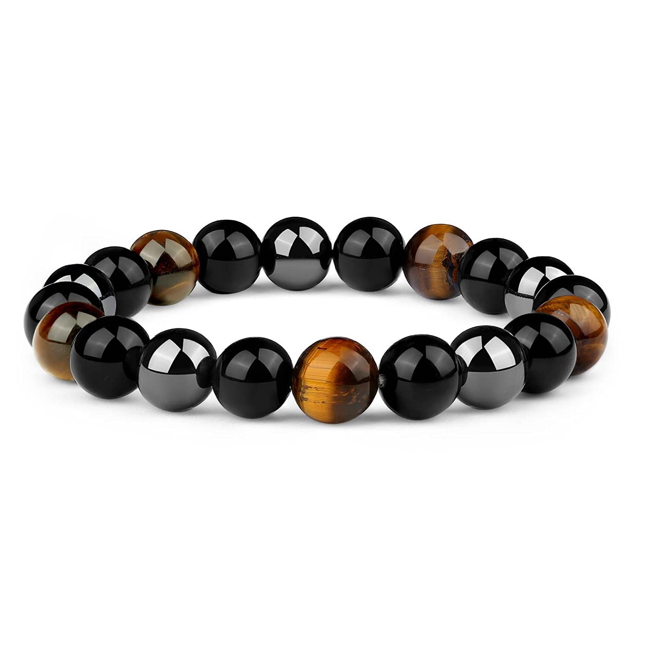 Triple Protection Bracelet - 10mm Bead Bracelet for women men With Natural Stones of Tiger Eye Hematite and Black Obsidian - Healing Crystal Bracelet for Good Luck Prosperity Happiness